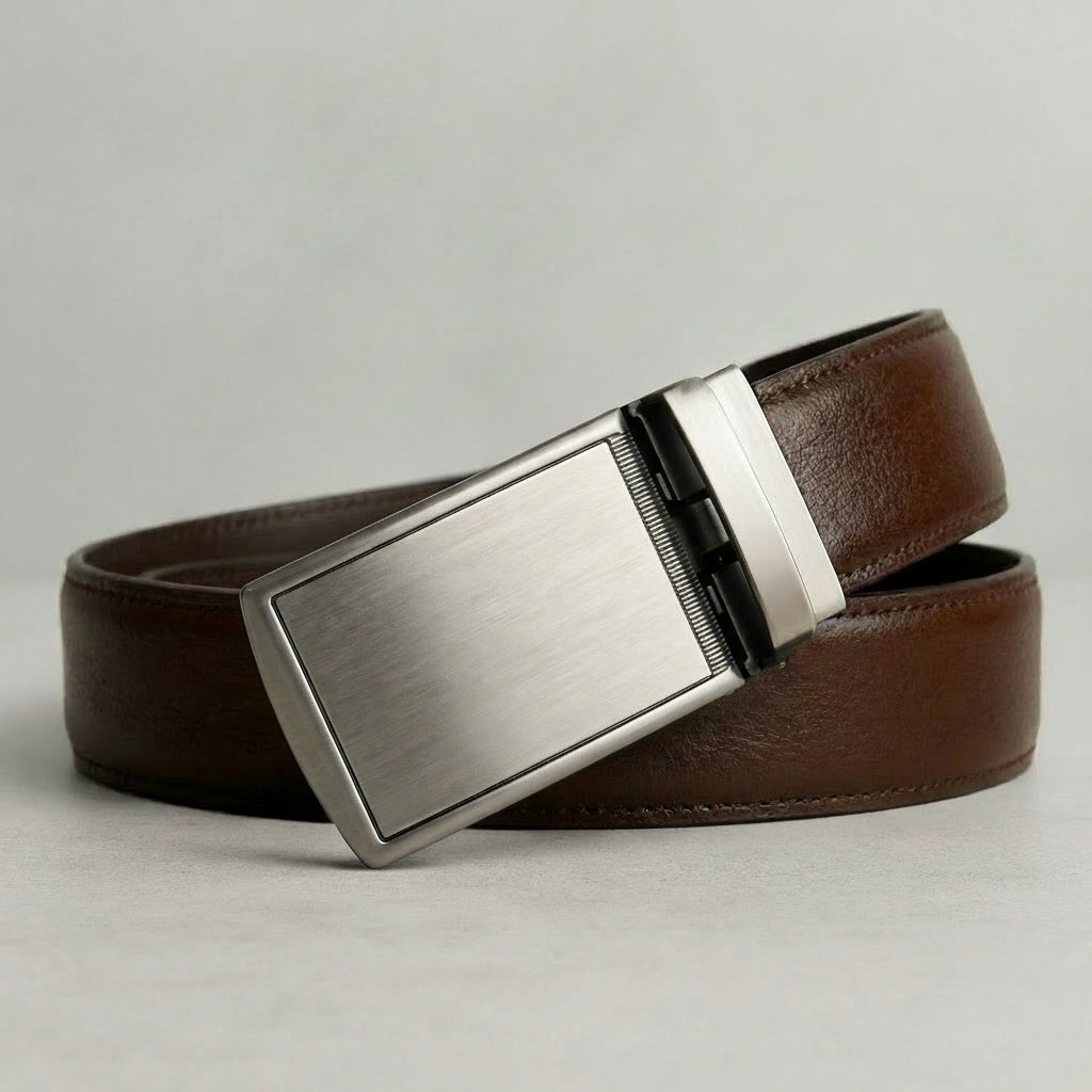 bruine leren riem met traploos verstelbaar systeem 